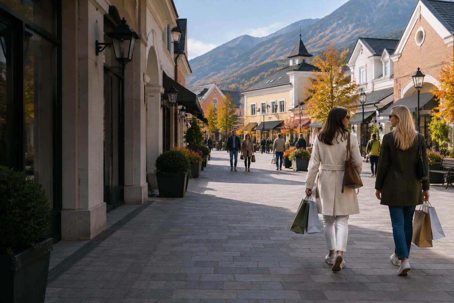 Outlet-sétány vásárlókkal, illusztráció